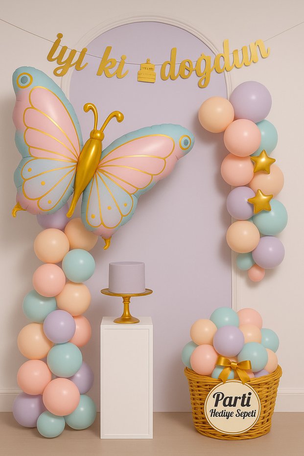 Butterfly Themed Birthday Balloon Set Pink Lilac Blue Pastel | Gold Star Foil and Happy Birthday