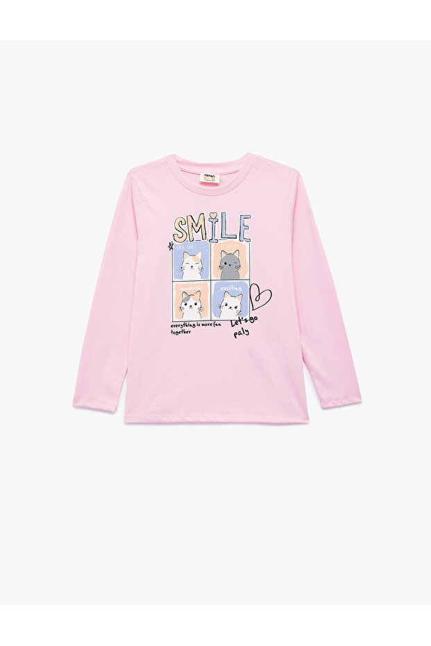 Cotton Long Sleeve Crew Neck Cat T-Shirt