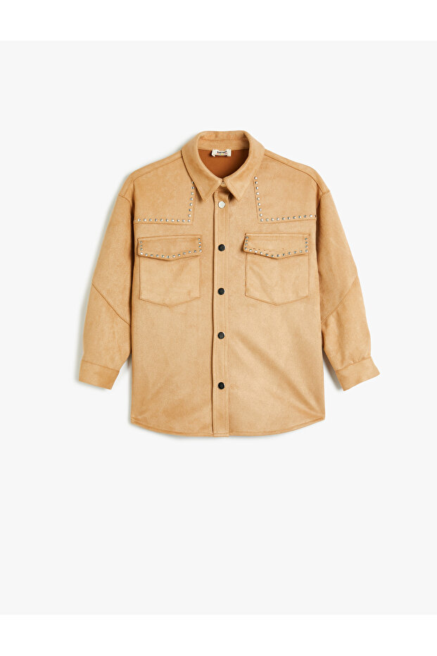 Oversized Jacket with Suede Look, Pocket Detail, Snap Closure, Studded