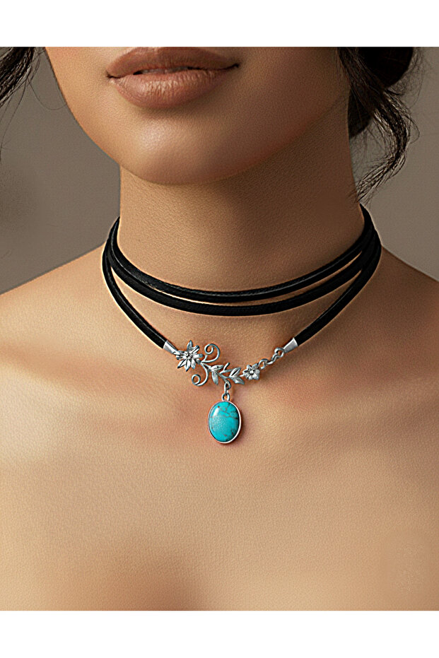 Real Leather Turquoise Stone Choker Necklace