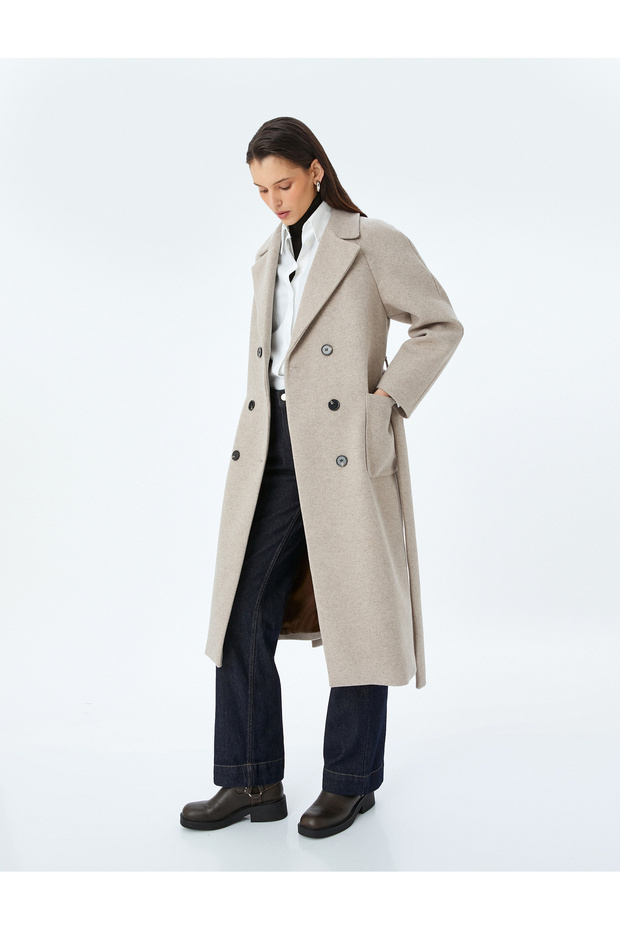 Belt Detailed Pocketed Buttoned Double Breasted Extra Long Stamp Coat