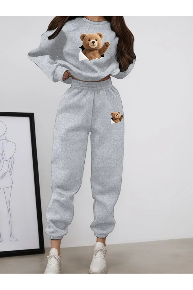 Unisex Men's and Women's Bear Ripped Printed 3 Thread Crew Neck Sweatpants Set
