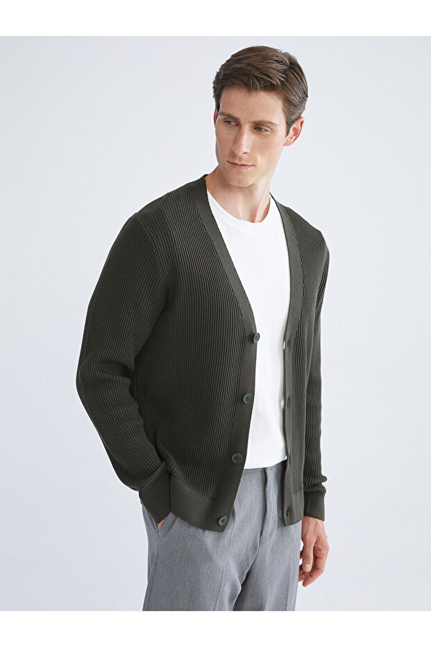 Haki Standart Kalıp V Yaka Erkek Triko Hırka - 1