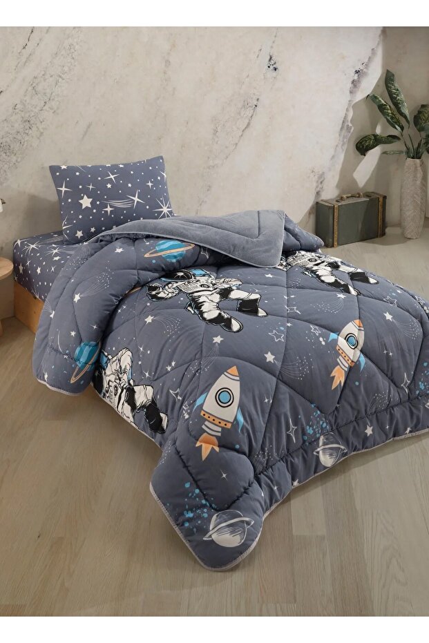 Astronaut Patterned Double Sided Wellsoft Sleeping Set with Single Sheets (Quilt + Sheet + Pillow Case) - 2