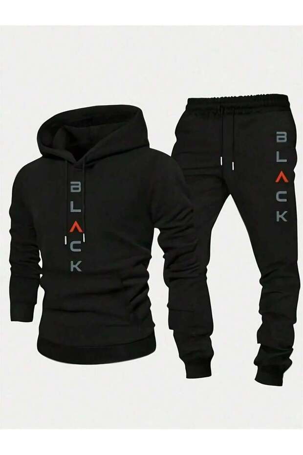Men's Black Printed Oversize 3 Thread Hooded Tracksuit Set