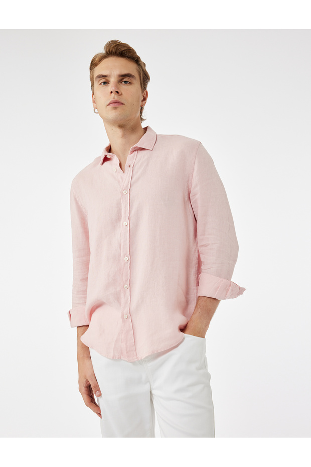 Regular Fit Buttoned Classic Collar Long Sleeve Linen Shirt