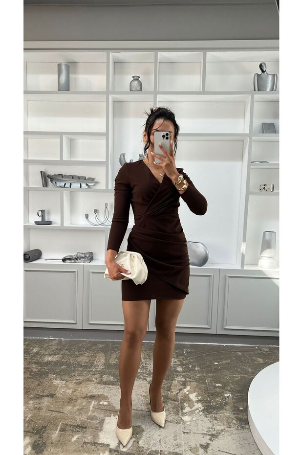 Double Breasted Collar Waist Drape Detail Long Sleeve Short Dress