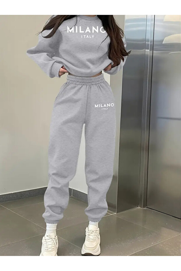 Unisex Men's and Women's Milano Printed 3 Thread Crew Neck Tracksuit Set