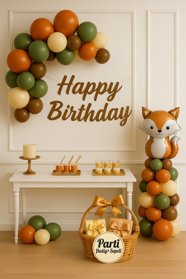 Happy Birthday Fox Themed Party Balloon Set | Decoration with Orange Green Coffee White Balloons