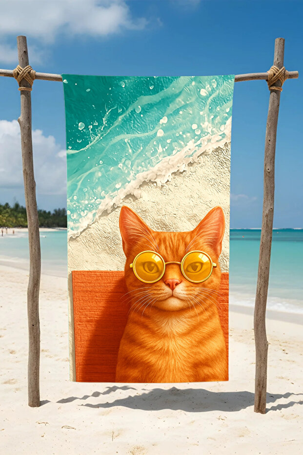 منشفة شاطئ قطنية بنمط القطط - تصميم منقوش - 1