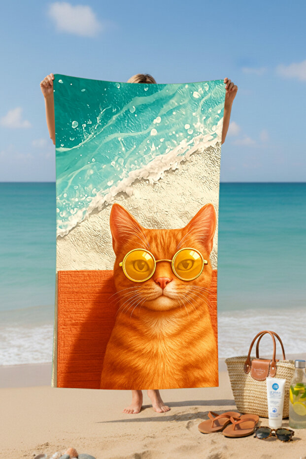منشفة شاطئ قطنية بنمط القطط - تصميم منقوش - 2