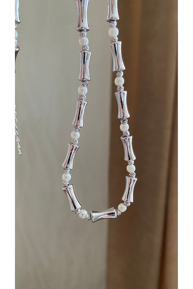 Bone Model Dorika Steel Necklace with Pearls, Valentine's Day Gift