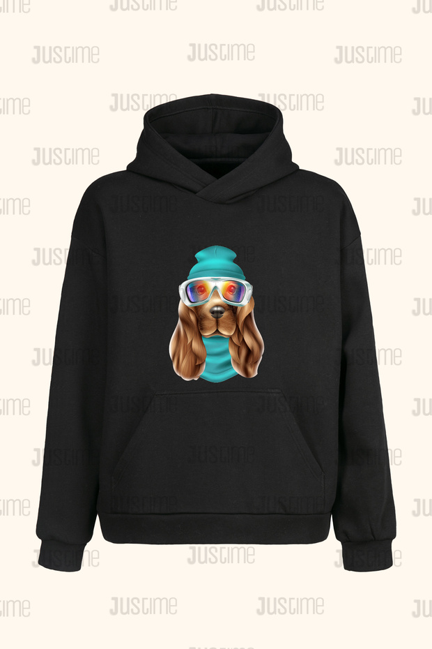 Design Dog Front Print Unisex Black Pocket Hooded Sweatshirt - 2 Thread - Hoodie