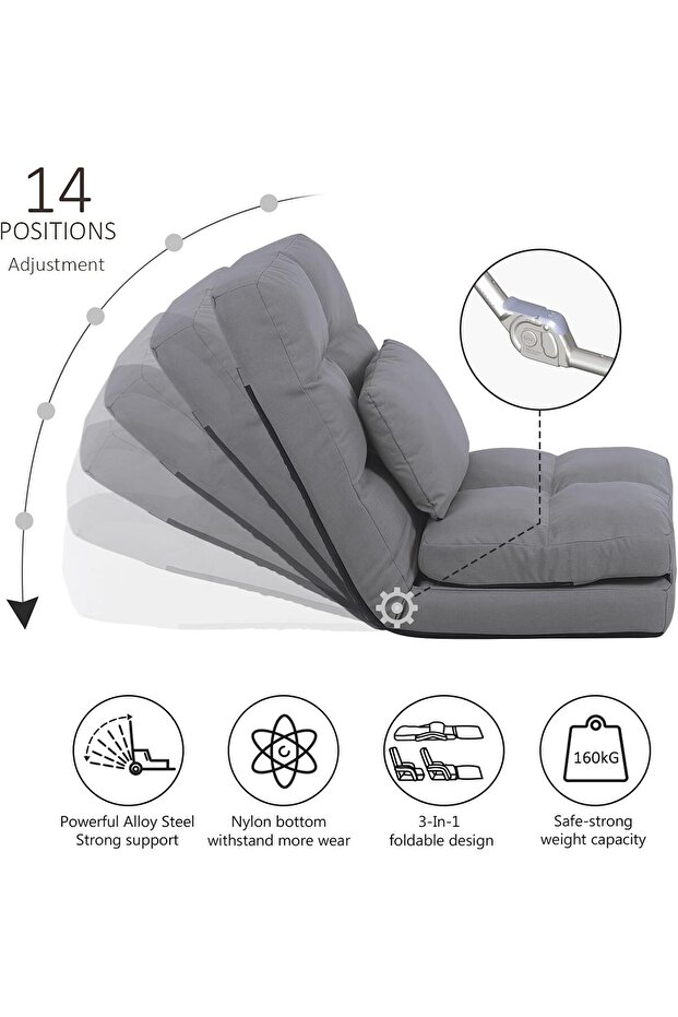 Floor armchair, with backrest, 14 adjustment levels, maximum capacity 150kg, gray color - 3