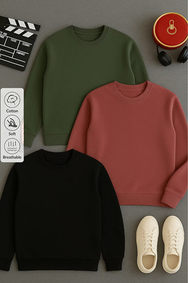Erkek Basic Uzun Kollu Salaş 3 Lü Sweatshirt - 1