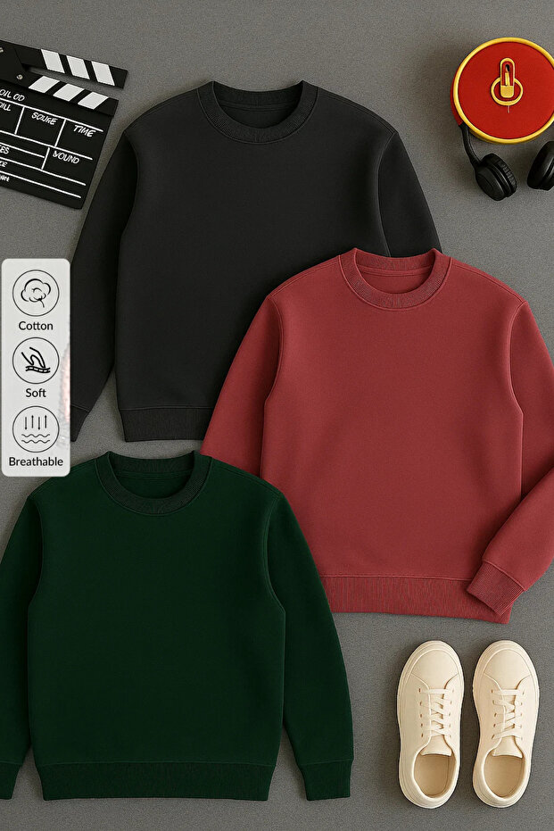 Erkek Basic Uzun Kollu Salaş 3 Lü Sweatshirt - 1