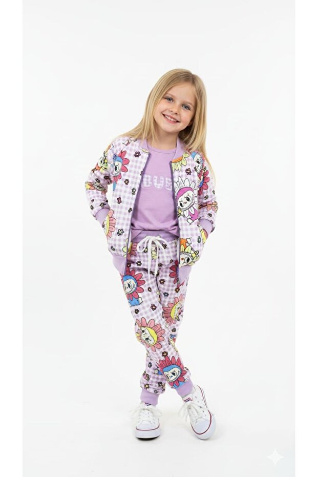 Girls' Labubu Two-Thread Double-Layered Three-Piece Cardigan Suit with Embroidery Details