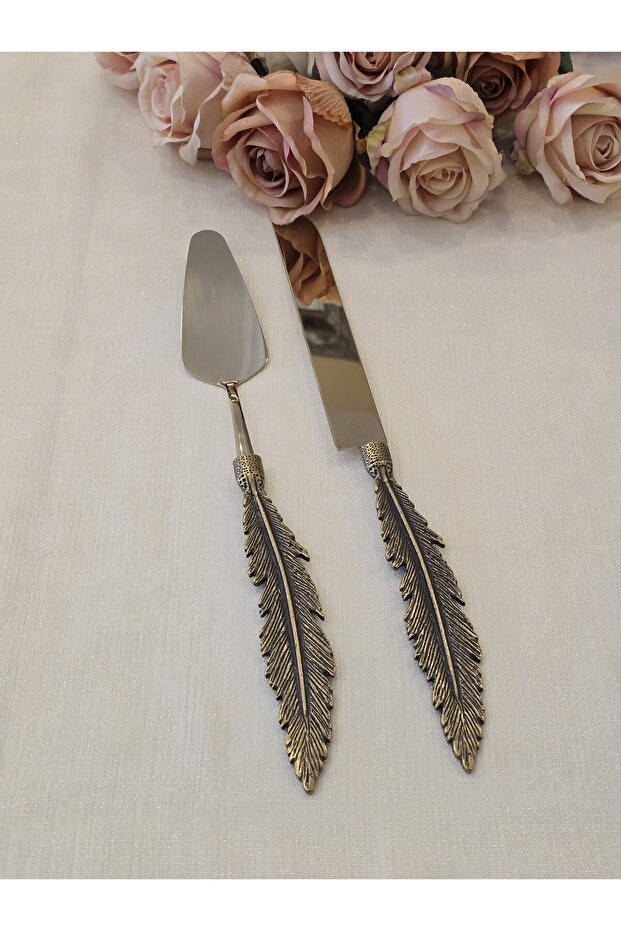 Feather 2 Piece Cake Serving Spoon Set Antique Titanium