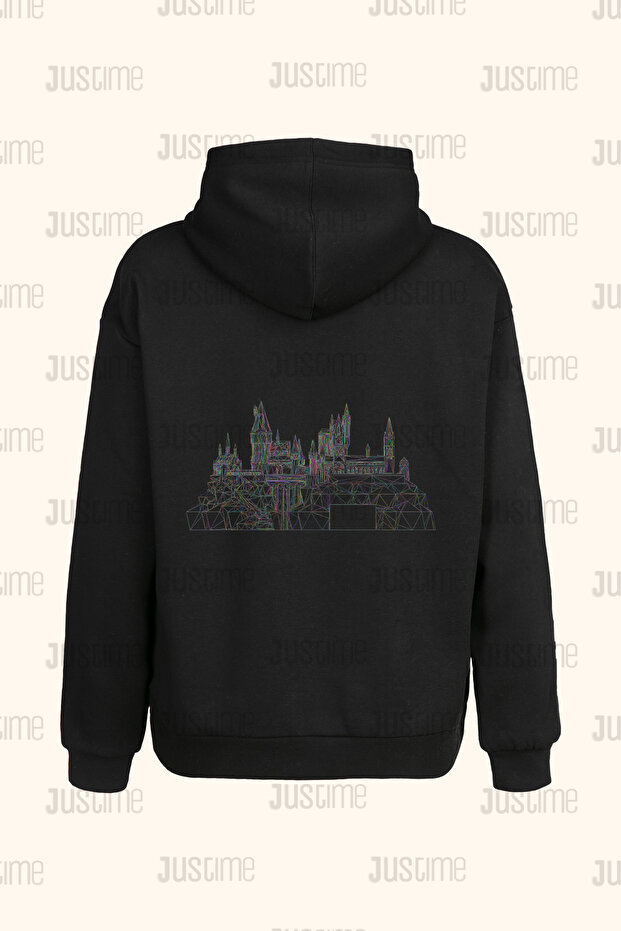 Design Colorful City Back Print Unisex Black Pocket Hooded Sweatshirt - 2 Thread - Hoodie