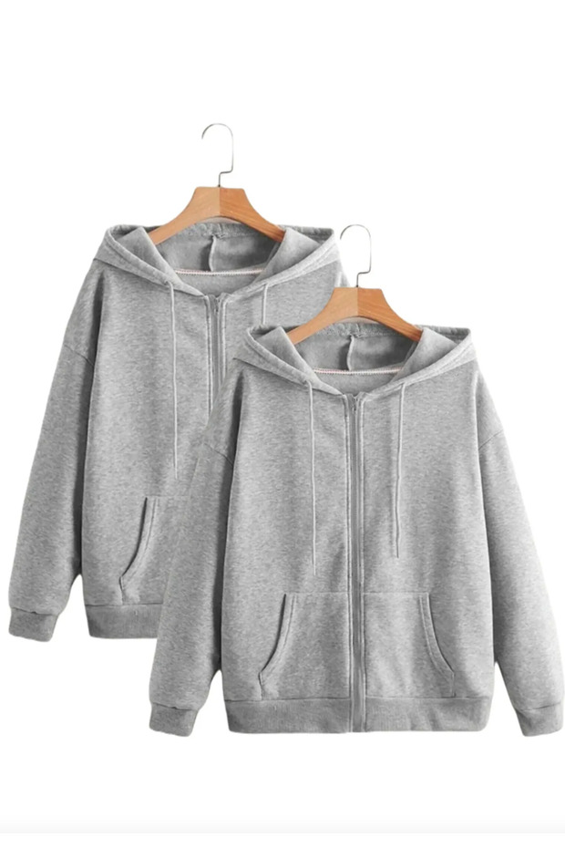 2-Piece Unisex Gray Zippered Hooded Cardigan Jacket Sweatshirt