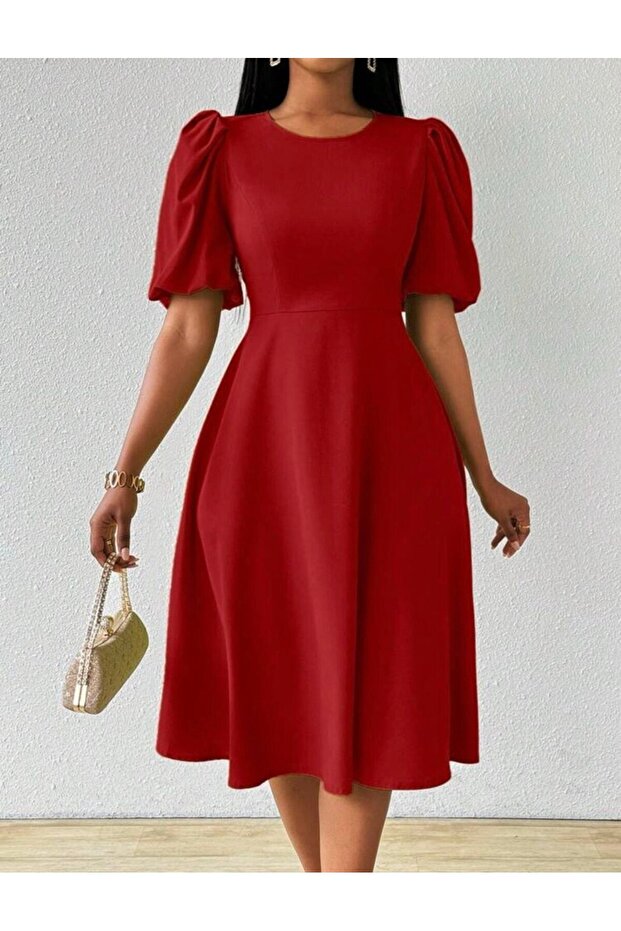 Women's Balloon Sleeve Midi Length Flared Dress