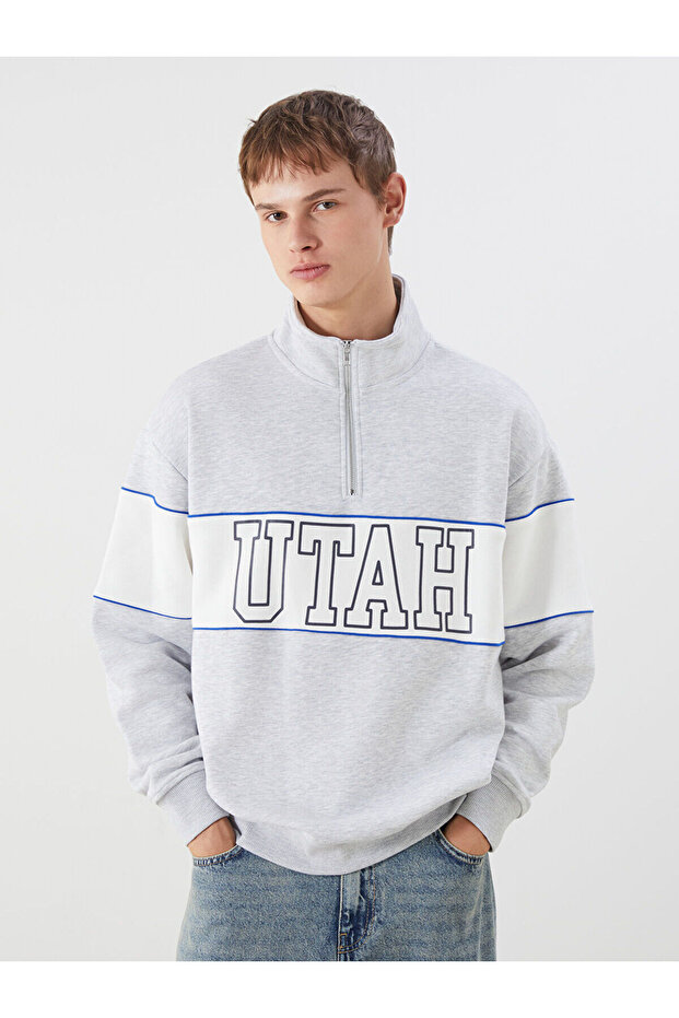 White Stand Collar Color Block Men's Sweatshirt
