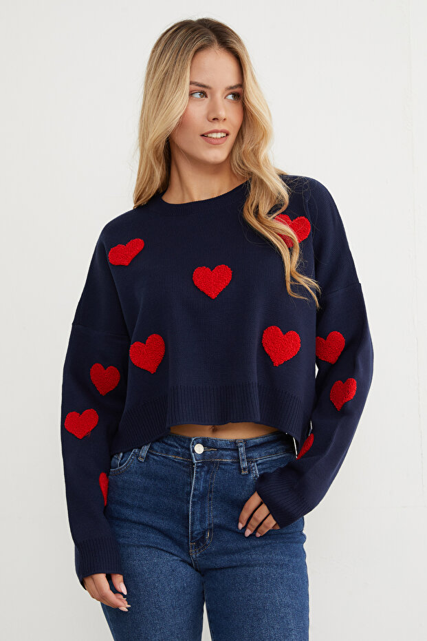 Herzbestickter Crop-Strickpullover - 3