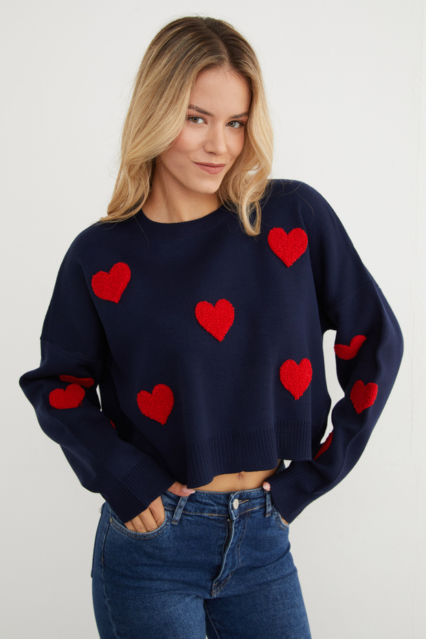 Herzbestickter Crop-Strickpullover - 4