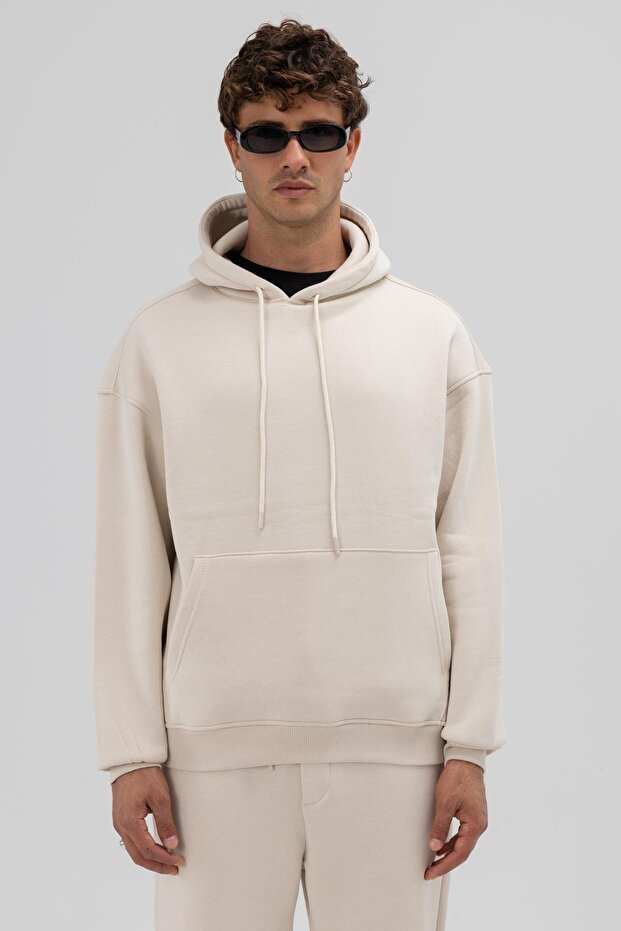 Basic Oversize Kapüşonlu Sweatshirt Taş - 2