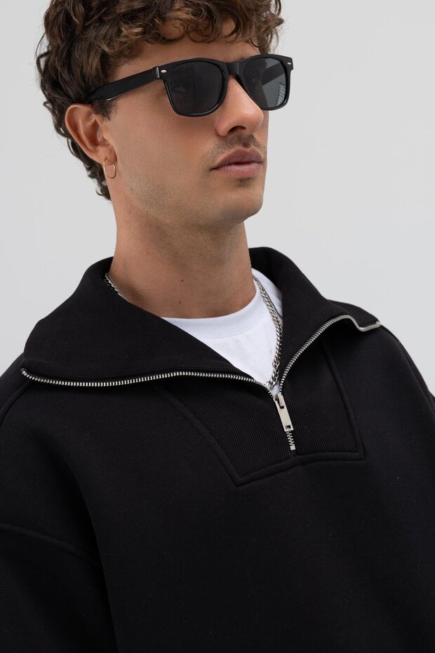 Basic Fermuarlı Dik Yaka Sweatshirt Siyah - 3