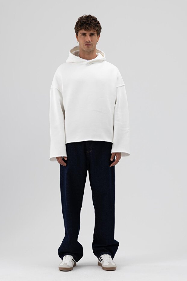 Basic Oversize Dikişsiz Kapüşonlu Sweatshirt Ekru - 5