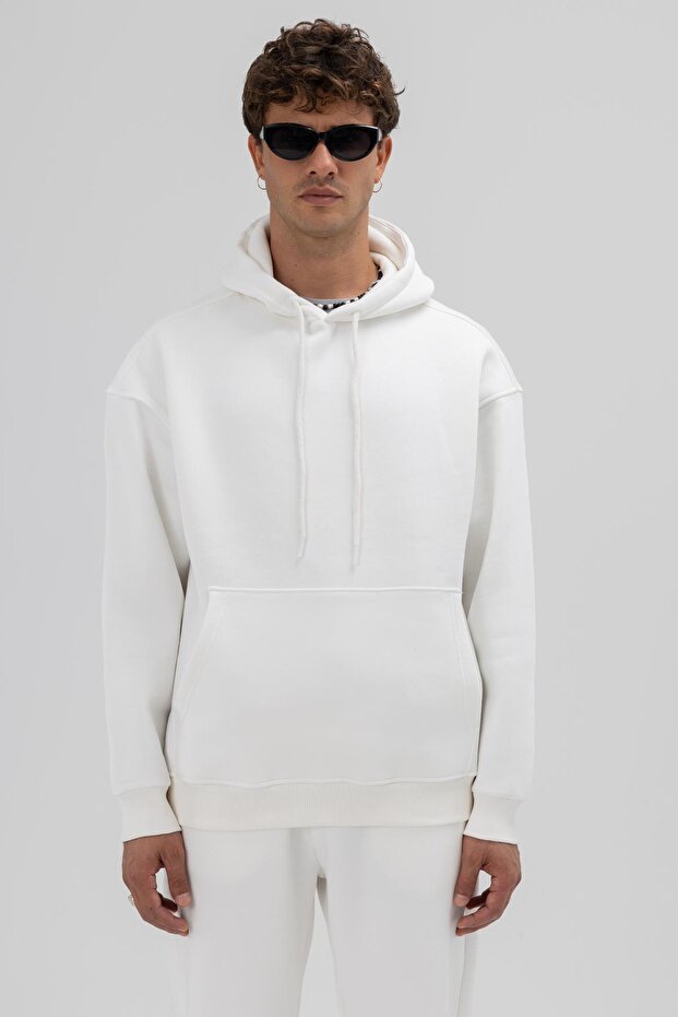 Basic Oversize Kapüşonlu Sweatshirt Ekru - 2