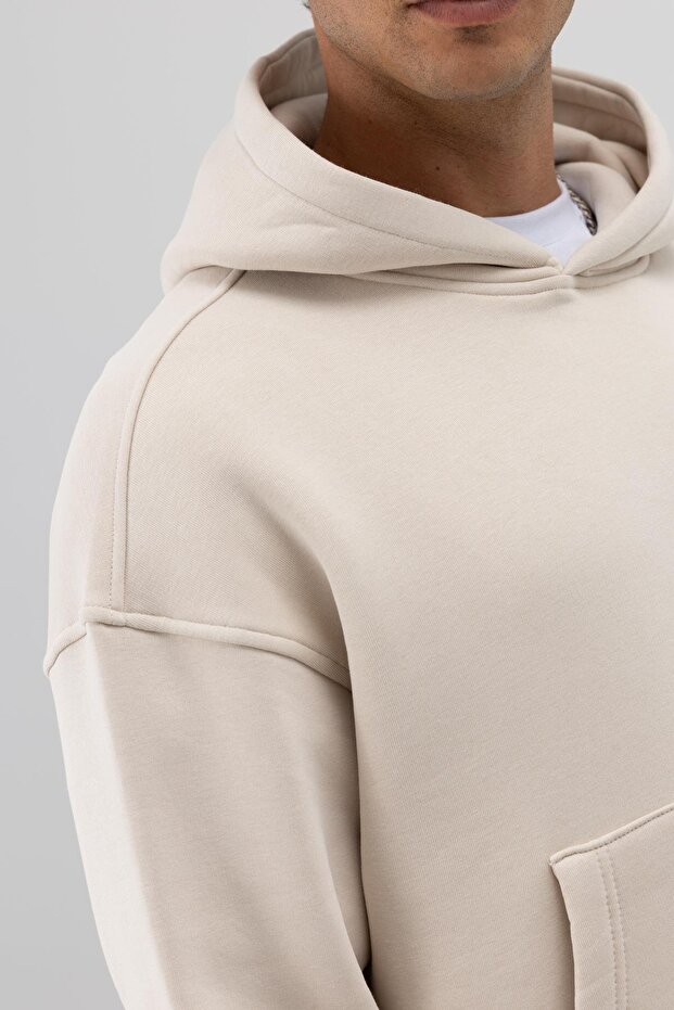 Basic Kapüşonlu Boxy Fit Sweatshirt Taş - 5