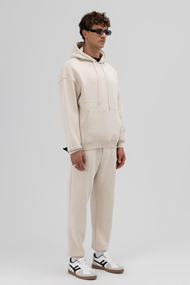 Basic Oversize Kapüşonlu Sweatshirt Taş - 3