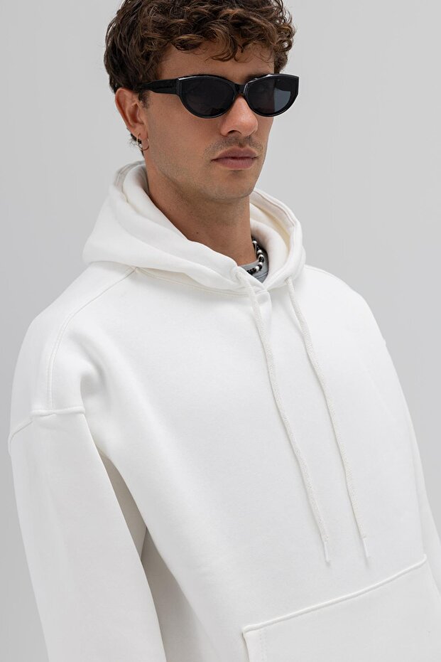 Basic Oversize Kapüşonlu Sweatshirt Ekru - 4