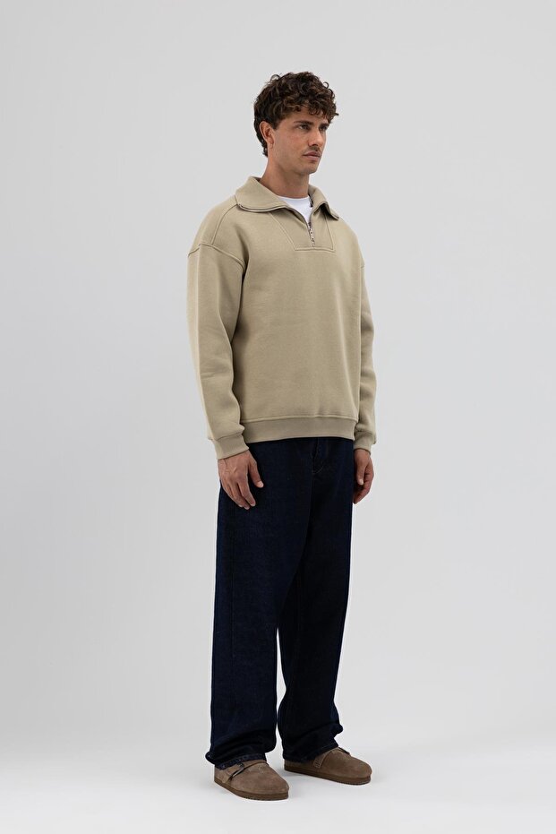 Basic Fermuarlı Dik Yaka Sweatshirt Haki - 2