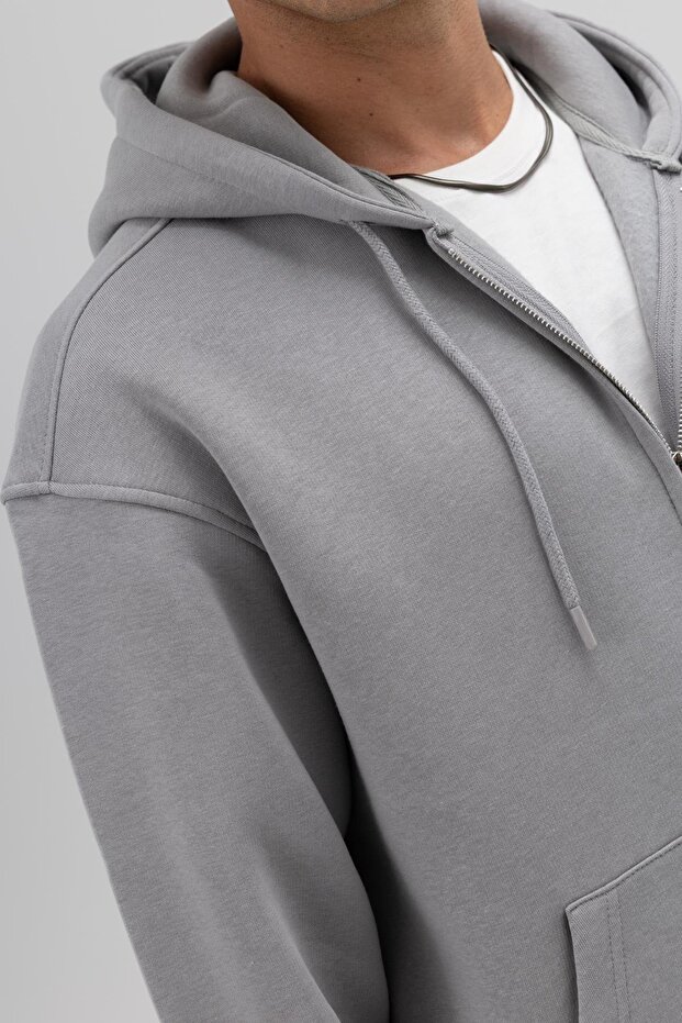 Basic Fermuarlı Oversize Kapüşonlu Sweatshirt Gri - 4