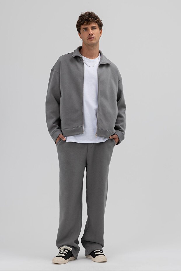 Oversize Front Zipper Stand Collar Sweatshirt Smoked