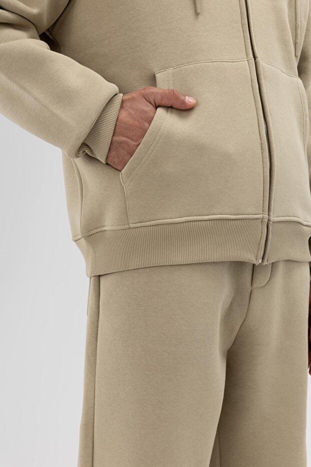 Basic Fermuarlı Oversize Kapüşonlu Sweatshirt Haki - 5