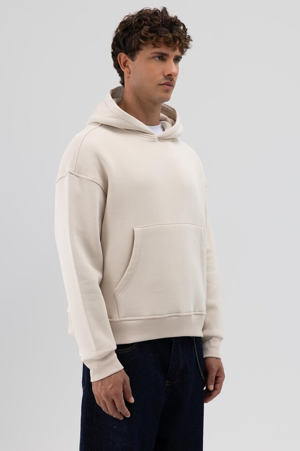 Basic Kapüşonlu Boxy Fit Sweatshirt Taş - 4