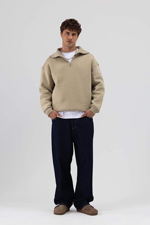 Basic Fermuarlı Dik Yaka Sweatshirt Haki - 5