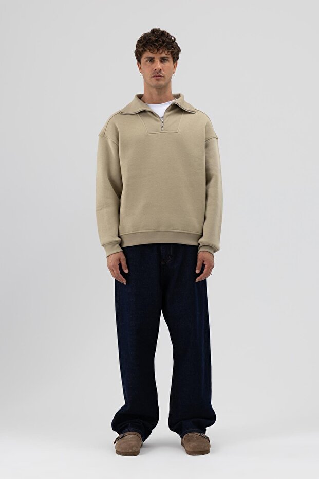 Basic Fermuarlı Dik Yaka Sweatshirt Haki - 6