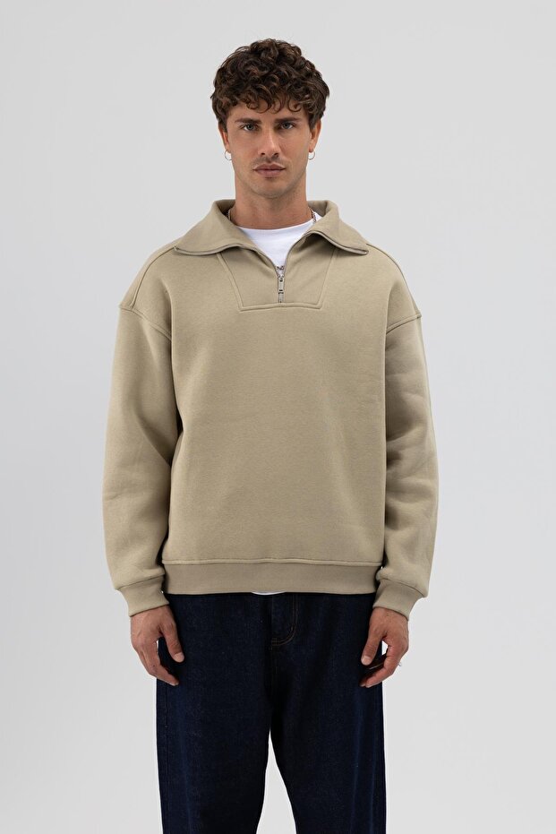 Basic Fermuarlı Dik Yaka Sweatshirt Haki - 1