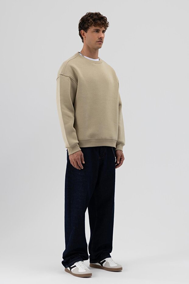 Basic Bisiklet Yaka Oversize Sweatshirt Haki - 4