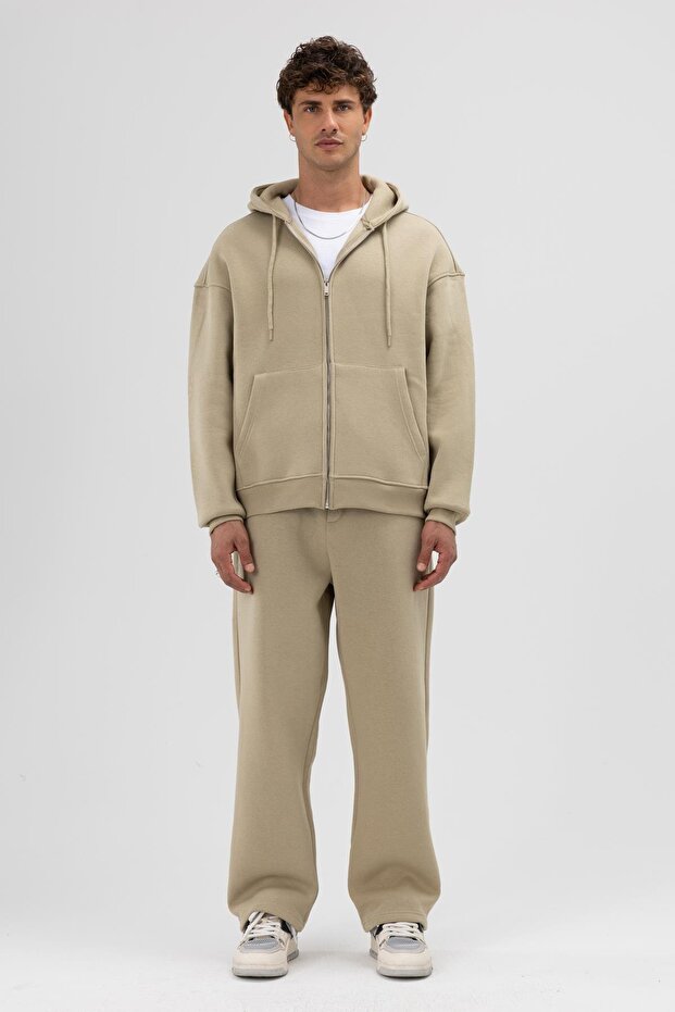 Basic Fermuarlı Oversize Kapüşonlu Sweatshirt Haki - 2