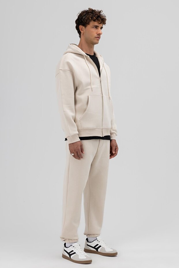 Basic Fermuarlı Oversize Kapüşonlu Sweatshirt Taş - 3