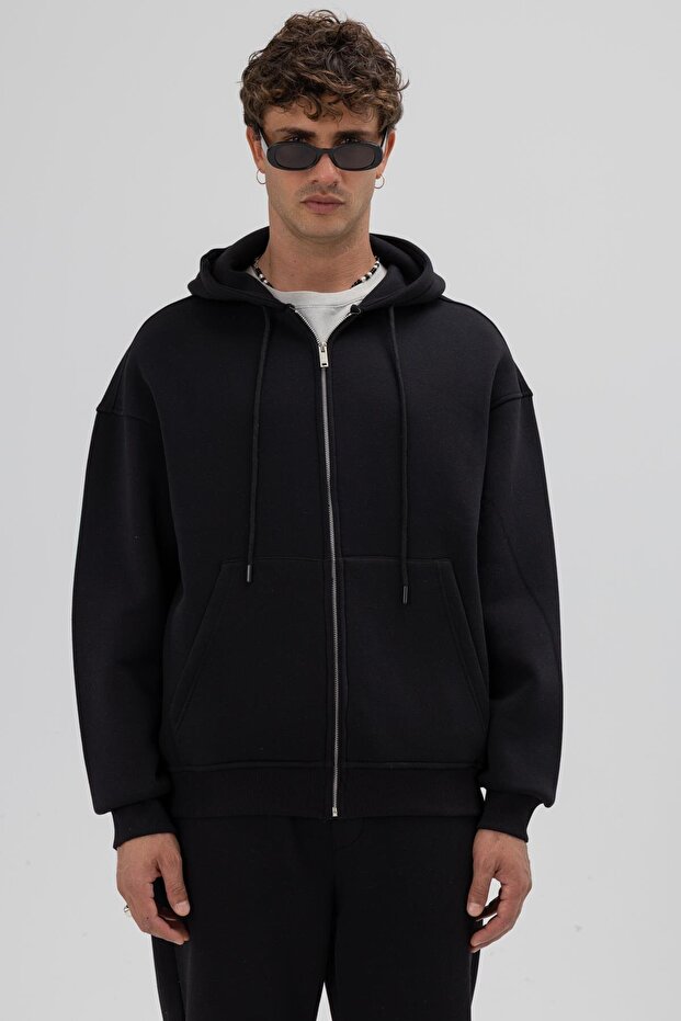 Basic Fermuarlı Oversize Kapüşonlu Sweatshirt Siyah - 2