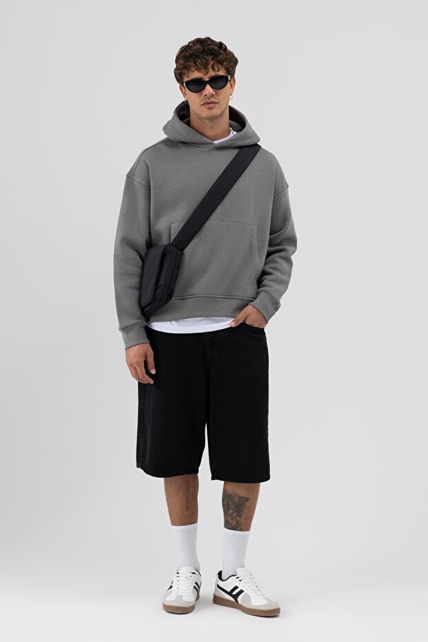 Basic Hooded Boxy Fit Sweatshirt Smoked