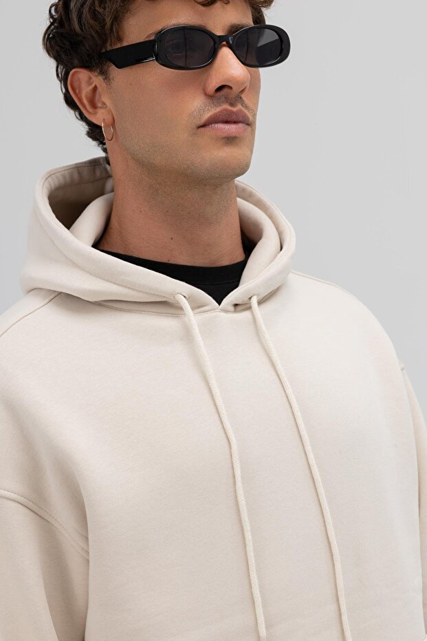 Basic Oversize Kapüşonlu Sweatshirt Taş - 4