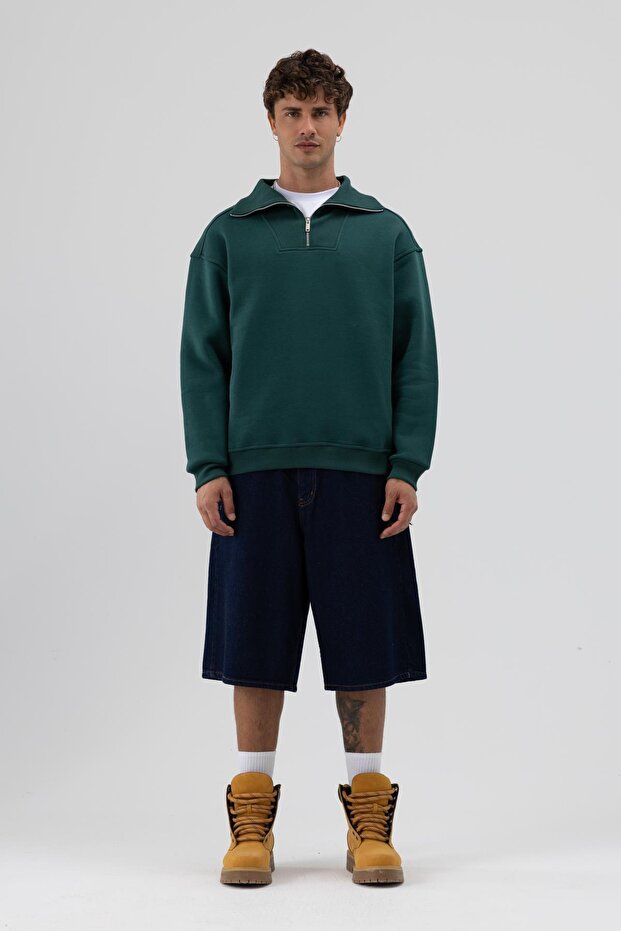 Basic Fermuarlı Dik Yaka Sweatshirt Nefti - 5